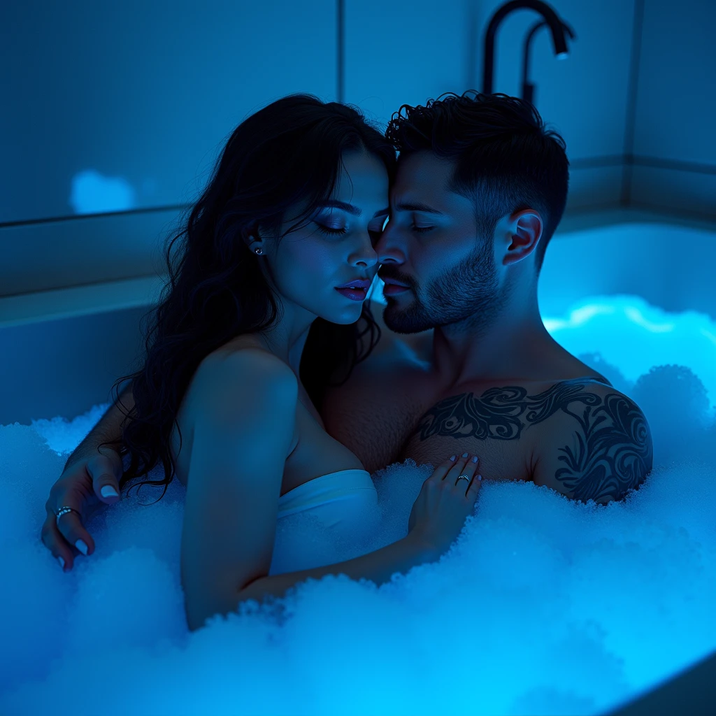 The man in his 45s with black very short hair and smooth face with moustache. The woman in her 45s with brown long hair bun. In big bathtub. Night, dark, dim. They are . Their hair is wet. The woman is sitting on the man's lap. Cowgirl sex. woman is moaning. Orgasm. n. Erotic. Ultra tic.