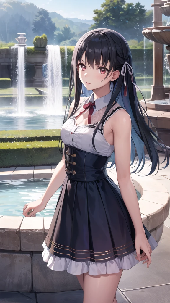 masterpiece, best quality, highres, aasuzune, long hair, black hair, (single braid:1.2), hair ribbon, red eyes, dress, grarden, fountain