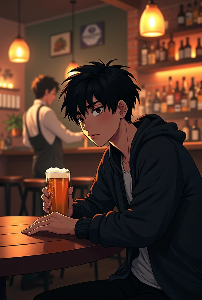 There's a man sitting at a table with a bottle of beer, bebendo cerveja, bebendo uma cerveja, segurando garrafas de cerveja, parece Jerma985, 2 3 anos, 2 2 anos, 21 anos, 2 8 anos, foto de perfil 1024px-