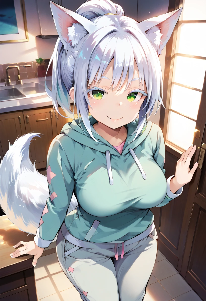 score_9, score_8_up, score_7_up, source_anime, masterpiece, absurdres, perfect face, solo cute expression, perfect face, 1girl, solo, white hair, animal ears, (white eyeliner) ,(green eyes), (white eyeshadow), (white eyelashes), FujisakaLP, bangs, long hair, wolf ears, wolf tail, wide thighs, wide hips, smiling,(mature woman), (big breasts:0.8), best quality, ultra high res, ponytail, extremely detailed face, perfect lighting, ultra high res, ultra detailed, nancy1, view from above, (wearing hoodie and pajama pants)