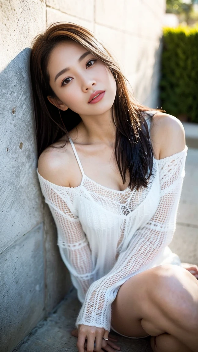 One girl, Super beautiful Japanese women in their 20s, Stylish summer clothes, Sensual expression, Realistic Skin, Small breasts, Fashion Model, Focus on the eyes, mascara, lipstick, pubic, Narrow waist,