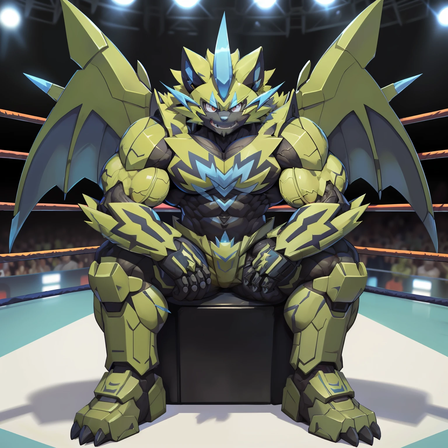 (zeraora, 8K), (zeraora's giant robot, Powered exoskeleton with the same design as zeraora), (Masterpiece, highres) (Detailed head, Detailed Body, Detailed abs, full body) (gigantic muscles, Gigachad Muscular, big muscle, pecs, triceps, traps, unusually developed muscular body, body full of huge muscles. showing off muscles, pectorales enormes, Exaggeratedly huge muscles.) (nj5furry, The claws are sharp, Sharp teeth, sharp claws), (long legs), (Spread wings, It has wings, have big wings, golden wings), (Wrestling, wrestler, the bodybuilding), (It has wings, whole body shines like metal, Wearing cyberpunk mecha, emphasizes the muscles, suit fully made of metal, intricate armor, Robotic suit, suit fully made of metal, cyborg), menacing pose, sitting on the throne, An arrogant expression. destroying city. BULK UP.