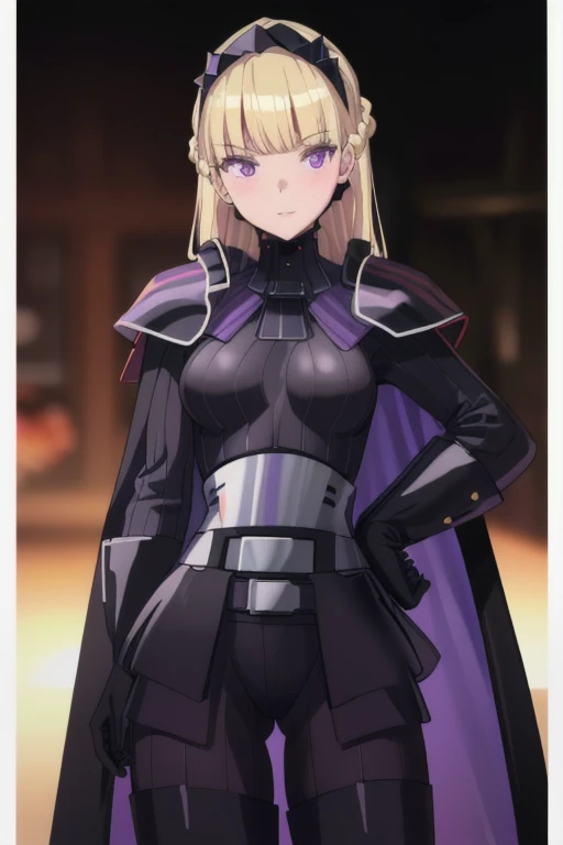 8k,highres,absurdres,masterpiece,best quality,original,extremely detailed CG,extremely detailed wallpaper,perfect lighting,1girl,solo,blurry_background,looking_at_viewer,
AmSW,long hair,blonde hair,black gloves,purple eyes,black hairband,cape,black bodysuit,medium breasts,braid,blunt bangs,