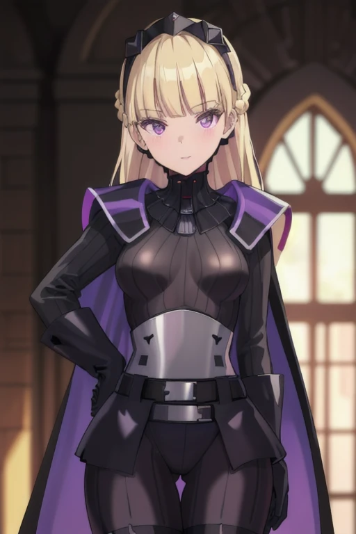 8k,highres,absurdres,masterpiece,best quality,original,extremely detailed CG,extremely detailed wallpaper,perfect lighting,1girl,solo,blurry_background,looking_at_viewer,
AmSW,long hair,blonde hair,black gloves,purple eyes,black hairband,cape,black bodysuit,medium breasts,braid,blunt bangs,