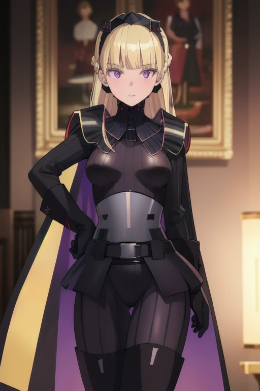 8k,highres,absurdres,masterpiece,best quality,original,extremely detailed CG,extremely detailed wallpaper,perfect lighting,1girl,solo,blurry_background,looking_at_viewer,
AmSW,long hair,blonde hair,black gloves,purple eyes,black hairband,cape,black bodysuit,medium breasts,braid,blunt bangs,