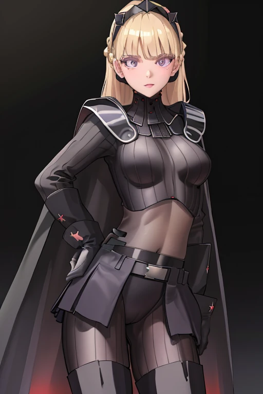 8k,highres,absurdres,masterpiece,best quality,original,extremely detailed CG,extremely detailed wallpaper,perfect lighting,1girl,solo,blurry_background,looking_at_viewer,
AmSW,long hair,blonde hair,black gloves,purple eyes,black hairband,cape,black bodysuit,medium breasts,braid,blunt bangs,