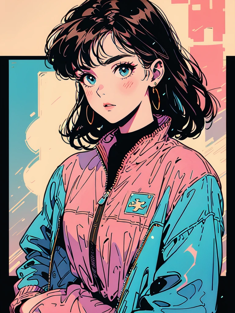 a dynamic streetwear-inspired pose of a beautiful girl with short light brown hair, wearing a colorful oversized jacket, dynamic streetwear outfit, large hips and bust, Japanese futuristic 70s style poster, vibrant and saturated colors, (best quality,4k,8k,highres,masterpiece:1.2),ultra-detailed,(realistic,photorealistic,photo-realistic:1.37),highly detailed face and eyes, extremely detailed facial features, beautiful detailed eyes, beautiful detailed lips, extremely detailed eyes and face, long eyelashes, dynamic pose, intricate details, vibrant colors, futuristic 70s aesthetic, cinematic lighting, dramatic shadows, sharp focus