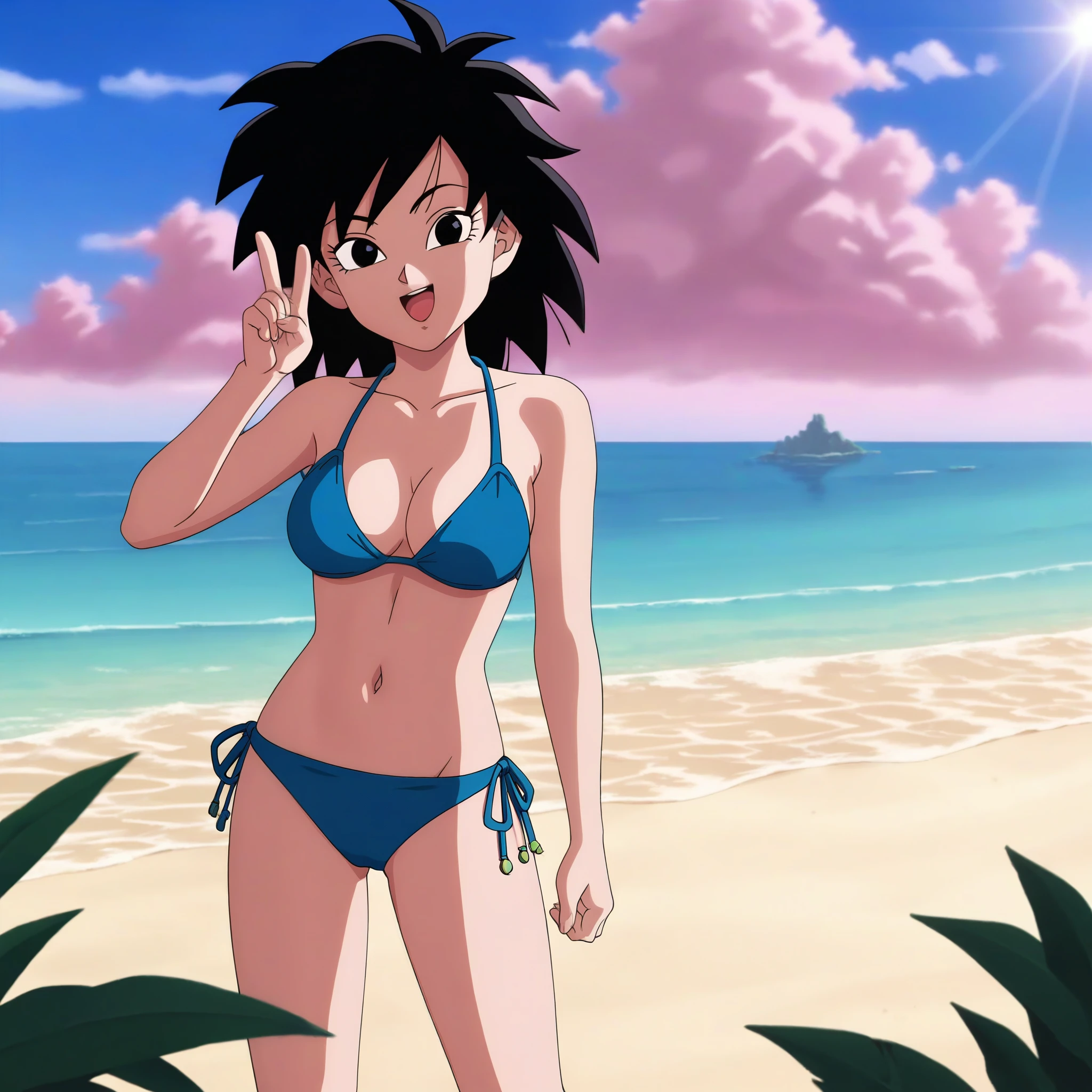 source_anime, score_9,score_8_up, score_7_up, ginedb, anime screencap, 1girl, solo, looking at viewer, smile, medium breasts, black hair, beach, medium breasts, smile, standing, thumbs up whit right hand, medium hair, black eyes, spiked hair, eyelashes, masterpiece, best quality, very aesthetic, bikini, sexy bikini, blue bra, blue panty, pink skies, sunlight, light skies, standing, a little crouched, watching at viewer, rose water,