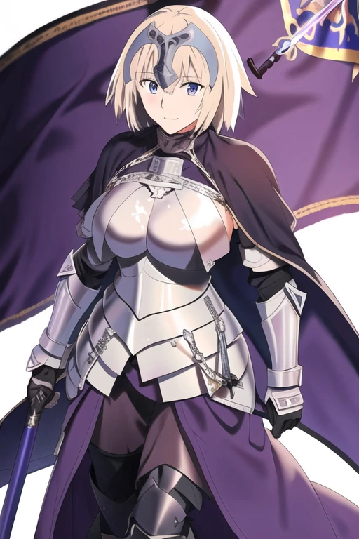 masterpiece, best quality, 1girl, jeanne d'arc (fate), jeanne d'arc (ruler) (fate), armor, armored dress, cape, cloak