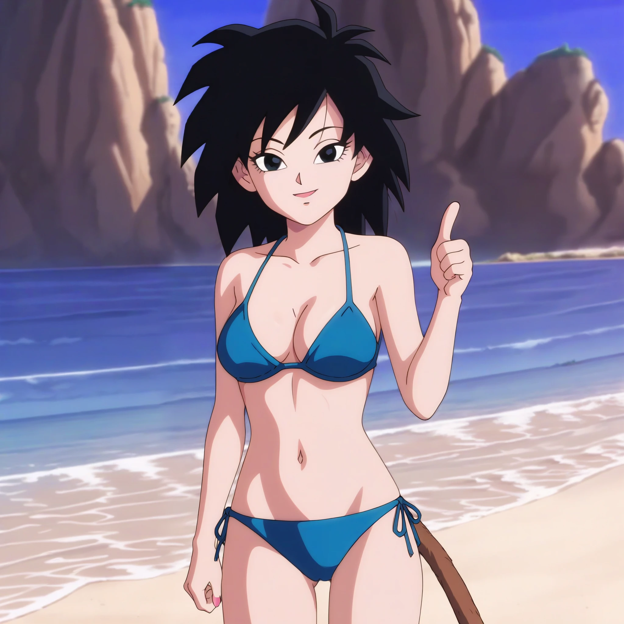 source_anime, score_9,score_8_up, score_7_up, ginedb, anime screencap, 1girl, solo, looking at viewer, smile, medium breasts, black hair, beach, medium breasts, smile, standing, thumbs up whit right hand, medium hair, black eyes, spiked hair, eyelashes, masterpiece, best quality, very aesthetic, bikini, sexy bikini, blue bra, blue panty, pink skies, sunlight, light skies, standing, a little crouched, watching at viewer, rose water,