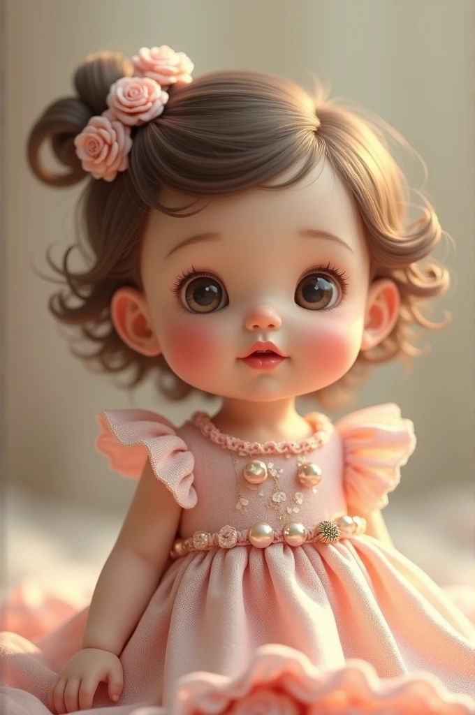 Creer moi une image bapteme fille 1 an , joues gouflues, yeux gris/bleu , belle robe, collier abec le signe de croix autour du coup , tons rose 