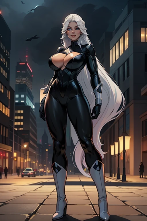 8k, hdr, ureal engine, ultra quality, big breasts Beautiful woman colored hair, style marvel black cat, black cat clothes, black cat, cat pose,  long breasts, white hair, body, drawing of a female  with long white hair , fantasy d&d character, boots , model sheet, night city, BACKGROUND