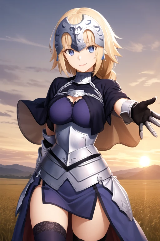 masterpiece, best quality, highres, aajd, long hair, single braid, long braid, headpiece, blue capelet, cape, cloak, blue shirt, armor, armored dress, blue dress, gauntlets, black thighhighs, smile, reaching out, sunset, field,