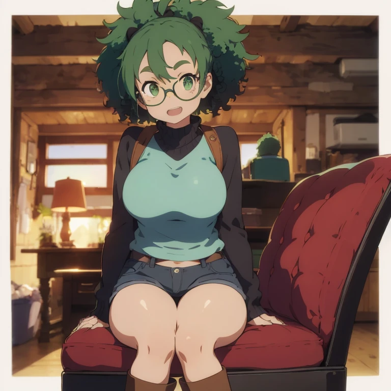 1 female, green hair, afro hair, black girl afro hair, green eyes, darker skin, brown skin, afro black skin, freckles, huge breast, thick legs, pink sweater, blue jean, long jean, belly button long shirt, black boots, boots, glasses, home, bedroom, sunset, happy face, smile, belly button long shirt, sexy pose, open mouth, sitting down, in the chair