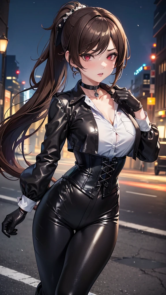 ((masterpiece)),(( The best quality)), (detailed), expressive eyes, (Perfect face), 1 girl, (walking), (Chiori, genshin impact), (brown hair short ponytail), (red eyes, aggressive eyes, detailed eyes), (sensual lips), (sensual expression), (slim build), View from the front, choker:1.6, (White collar button-down shirt with white long sleeves), pocket, Black gloves, gloves that cover the hands,  (black leather corset), (black shiny leggings), (black boots), (Street), (city at night)