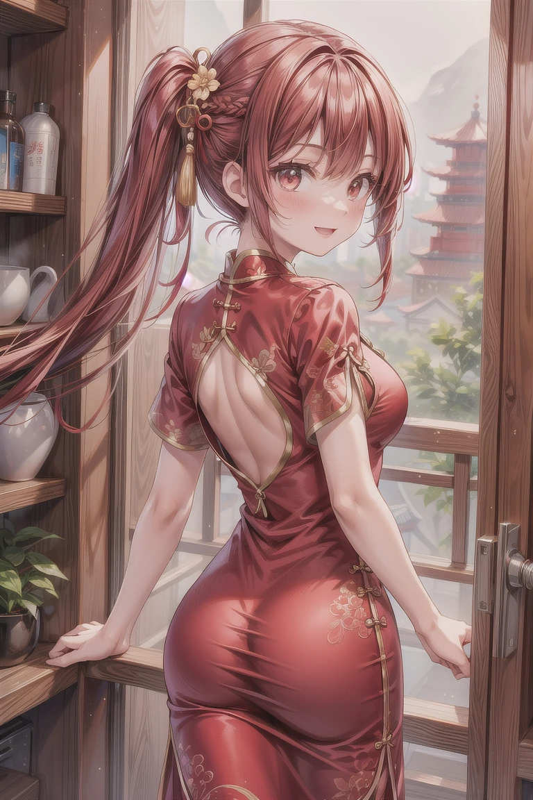 woman,20-year-old,高橋留美子作品Ranma二分の一の主人公「Ranma」,(((Silk Chinese Dress))),,smile((Red hair braid)),、,((Looking Back))()Reflecting the buttocks