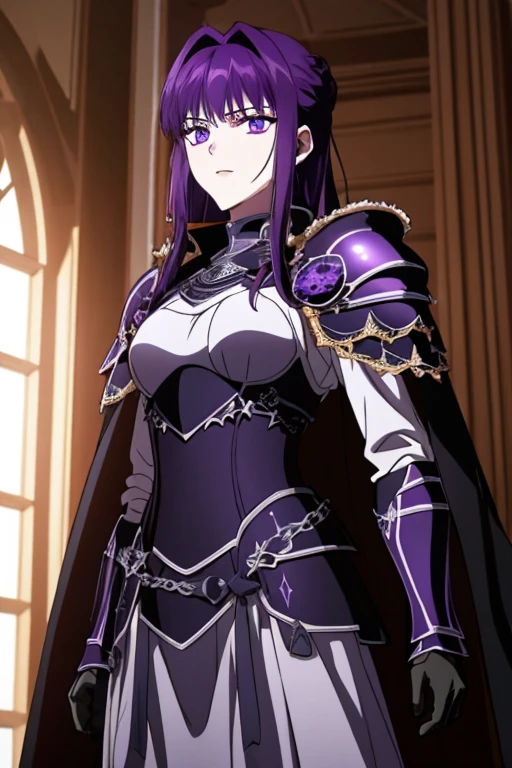 masterpiece, best quality,
(night, darkness)
 medea solon, purple eyes, purple hair
1girl,solo,
knight armor, heavy armor, cape
standing,