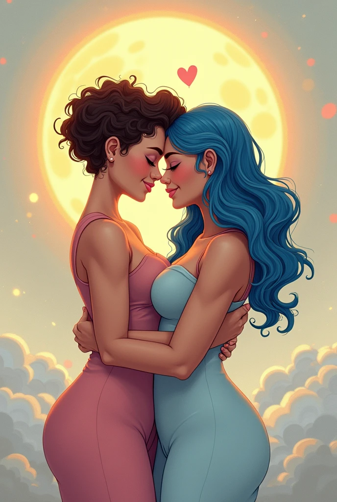Two girls hugging, Goddess of Love, Goddess of fertility, Every girl has bare breasts, Every girl has a naked, Every girl has no clothes, Every girl has a naked body, against the background of the field, The city and the mountains, Bright sun, Sky and grass