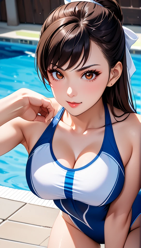 poolside,Competitive Swimsuit,score_9, score_8_up, score_7_up, break, score_9, 1girl, Chun-Li,street fighter, black hair, brown eyes, long hair, breasts, looking at viewer, sexy pose, cowboy shot,eyelashes