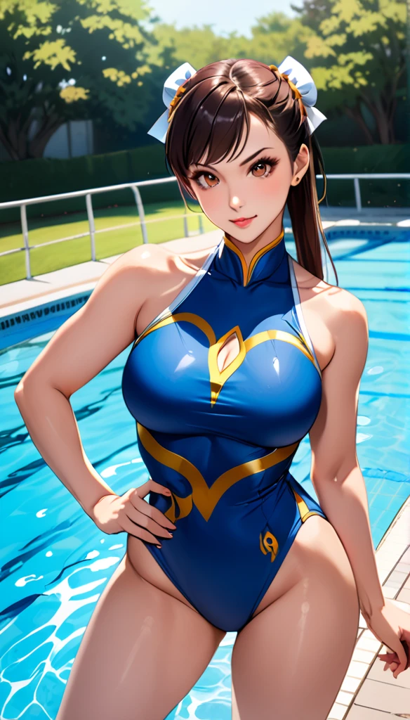 poolside,Competitive Swimsuit,score_9, score_8_up, score_7_up, break, score_9, 1girl, Chun-Li,street fighter, black hair, brown eyes, long hair, breasts, looking at viewer, sexy pose, cowboy shot,eyelashes