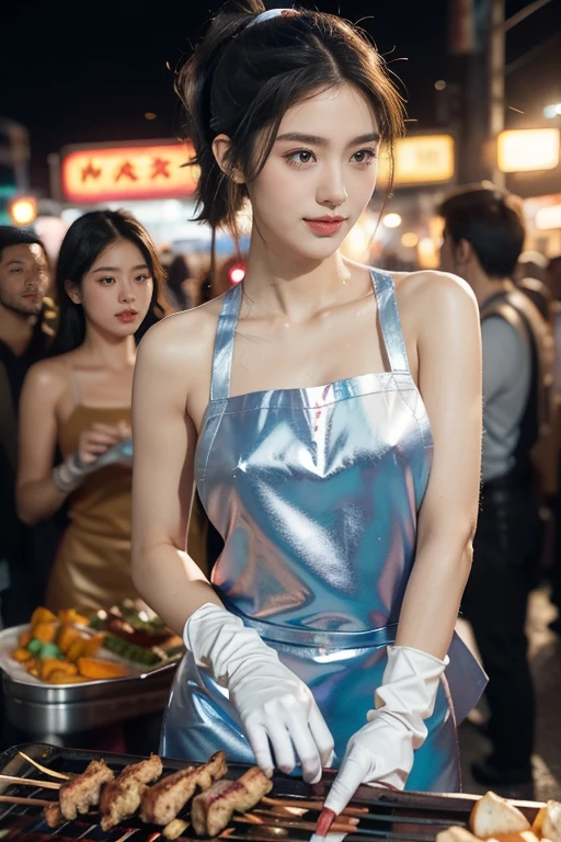 (((best quality))),(((ultra detailed))),(((masterpiece))),illustration,((1 beautiful girl,solo)),((slim,thin)),((small breasts,flat chest)),summer night,metropolis,((barbecue joint)),humble,vibrant energy,city that never sleeps,(short ponytail:1.2),(((female orgasmic,blush))),(sweat:1.3),(shiny skin:1.5),(sheer apron:1.3),((bare shoulders,bare arms)),(gloves:1.3),(slender legs:1.2),lightweight,practicality,((sizzling hot grill)),smooth,tanned skin,soft glow,skillfully,((skewers,meat)),intense concentration,bright eyes,alert,passion for work,atmosphere,vibrant,dynamic,laughter,conversation,sizzle,crackle,aromatic scent,tinged,radiant smile,genuine enjoyment,easy manner,warm presence,community,dedication,beauty in simplicity,midst of bustling city streets,outdoor,midnight,((from front,upper body)),(surrounded by crowded crowds:1.3)