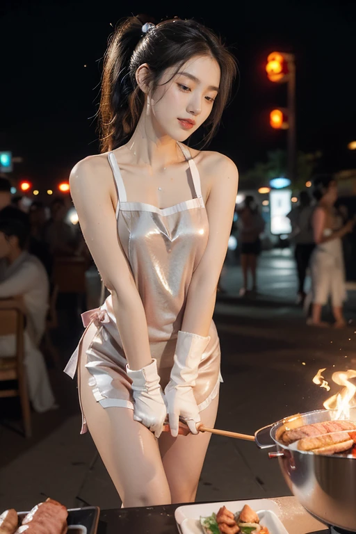 (((best quality))),(((ultra detailed))),(((masterpiece))),illustration,((1 beautiful girl,solo)),((slim,thin)),((small breasts,flat chest)),summer night,metropolis,barbecue joint,humble,vibrant energy,city that never sleeps,(short ponytail:1.2),(((female orgasmic,blush))),(sweat:1.3),(shiny skin:1.5),(sheer apron:1.3),((bare shoulders,bare arms)),(gloves:1.3),(slender legs:1.2),lightweight,practicality,style,sizzling hot grill,smooth,tanned skin,soft glow,skillfully,skewers,meat,intense concentration,bright eyes,alert,passion for work,atmosphere,vibrant,dynamic,laughter,conversation,sizzle,crackle,aromatic scent,tinged,radiant smile,genuine enjoyment,easy manner,warm presence,community,dedication,beauty in simplicity,midst of bustling city streets,outdoor,midnight,((from front,full body)),(surrounded by crowded crowds:1.3)