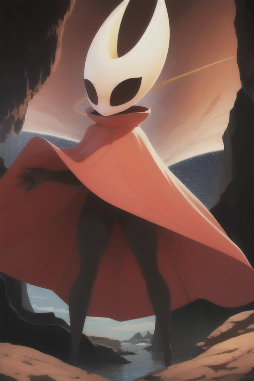 hornet, cute, chibi, no feet, furry female, anthro, thread, standing, solo, cape, red cloak, (best quality), (detailed dark cave background:1.2), looking at viewer, flat colors, 