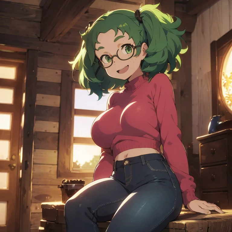 1 female, green hair, afro hair, black girl afro hair, green eyes, darker skin, brown skin, afro black skin, freckles, huge breast, thick legs, pink sweater, blue jean, long jean, belly button long shirt, black boots, boots, glasses, home, bedroom, sunset, happy face, smile, belly button long shirt, sexy pose, open mouth, sitting down, in the chair, thick ass, ass