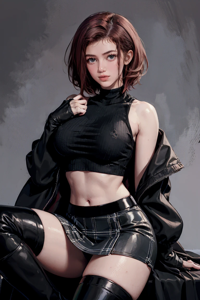 woman, Curly Red Pixie Cut Hair, Green Eyes, Wearing a black crop top shirt, Long black jacket, Red Check Skirt, (Black knee-high boots), Black fingerless gloves, Exposed shoulders, (whole body), Big breasts Freckles, Clevis, Abdominal muscles, View your viewers, masterpiece, Best Quality, , Holopunk Style, (NSFW:0.8), Erect nipples