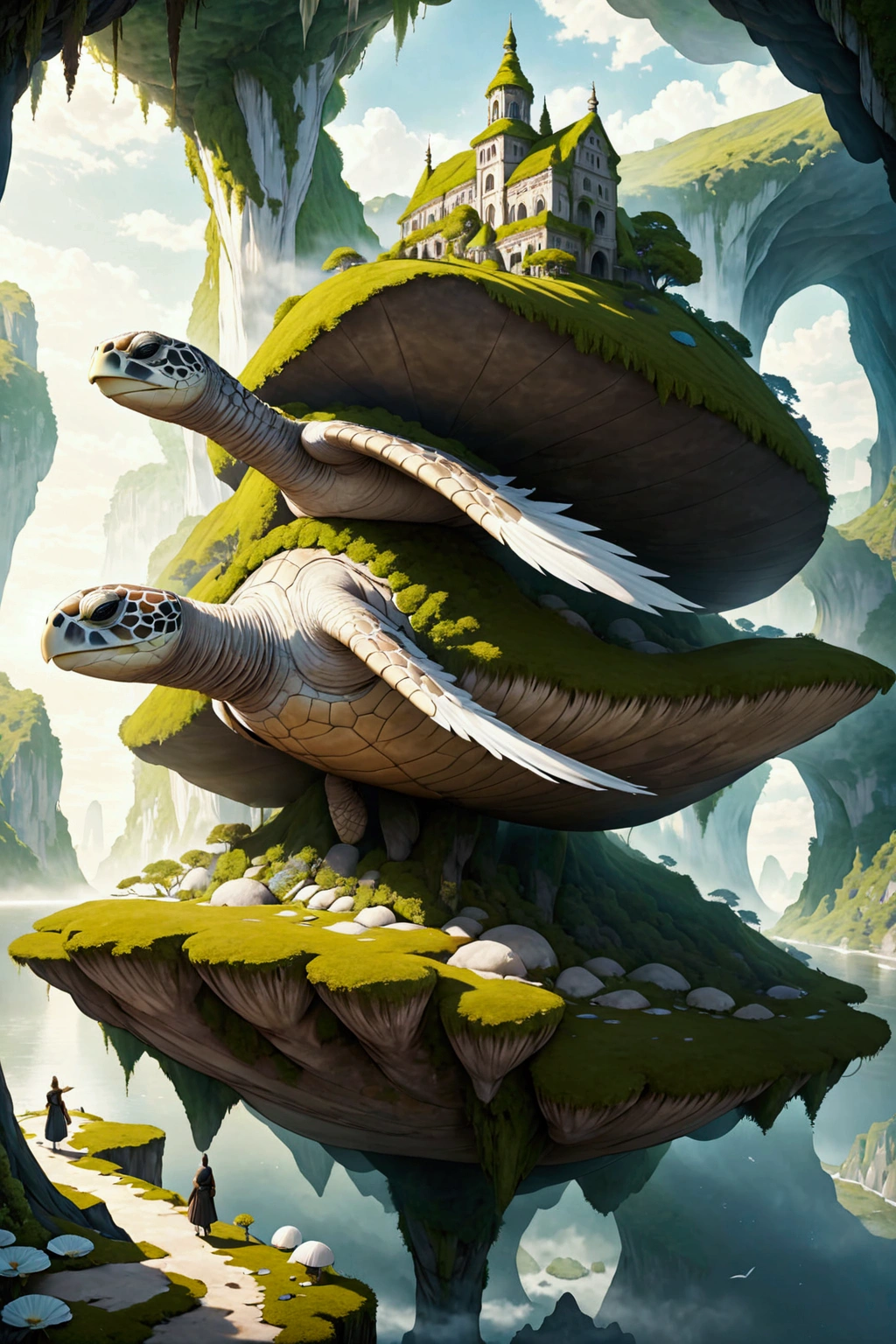 enormous, fantastical creature that resembles a giant moss-covered sea turtle, but on a massive scale, serving as a living airship. Its body is covered in soft, white feathers, and its head is adorned with elegant feather ridges that sweep backward. The creature has six long flippers that are a blend of wings and aquatic fins, creating a graceful, otherworldly appearance to it. Its large shell is sculpted with deep ridges and caverns. The shell resembles a vast moss-covered European monastery complex complete with beautiful gardens.