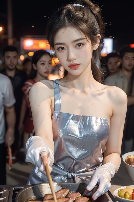 (((best quality))),(((ultra detailed))),(((masterpiece))),illustration,((1 beautiful girl,solo)),((slim,thin)),((small breasts,flat chest)),summer night,metropolis,((barbecue joint)),humble,vibrant energy,city that never sleeps,(short ponytail:1.2),(((female orgasmic,blush))),(sweat:1.3),(shiny skin:1.5),(sheer apron:1.3),((bare shoulders,bare arms)),(gloves:1.3),(slender legs:1.2),lightweight,practicality,((sizzling hot grill)),smooth,tanned skin,soft glow,skillfully,((skewers,meat)),intense concentration,bright eyes,alert,passion for work,atmosphere,vibrant,dynamic,laughter,conversation,sizzle,crackle,aromatic scent,tinged,radiant smile,genuine enjoyment,easy manner,warm presence,community,dedication,beauty in simplicity,midst of bustling city streets,outdoor,midnight,((from front,upper body)),(surrounded by crowded crowds:1.3)