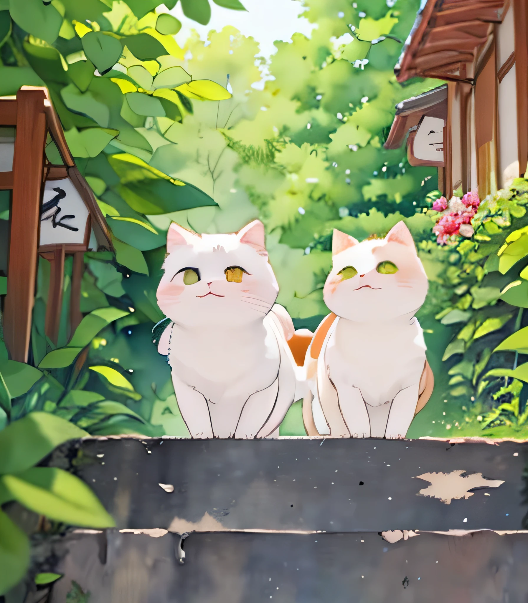 There are two cats sitting on a wall in the garden - SeaArt AI