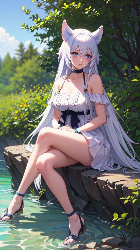 photorealistic, (4k), depth of field, (Masterpiece), (realistic skin texture), extremely detailed, intricate, hyper detailed, professional photography, bokeh, high resolution, sharp detail, best quality, girl, white hair, long hair, animal ears, blue eyes, white dress, bracelets, bare shoulders, blue ribbon, chocker, gladiator sandals,dynamic pose, (sitting with hands around her ankles),  river, stream, flowing water, blue sky,