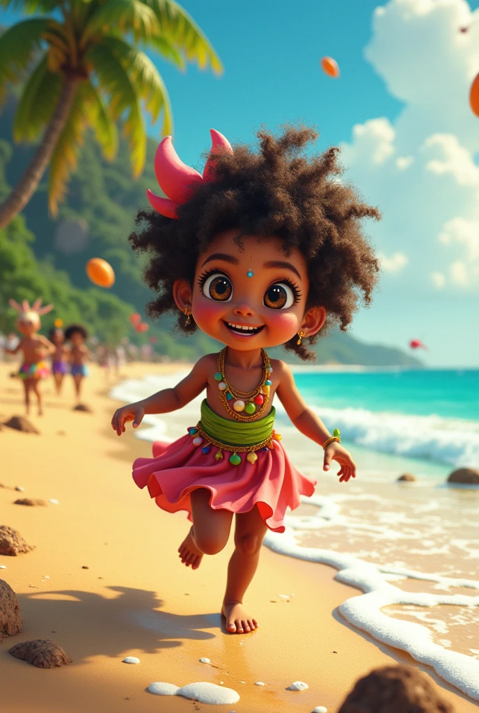 Pixar movie style Moana, With the name ́Pérola' , posters, Black-skinned child, curled hair, 5 years
