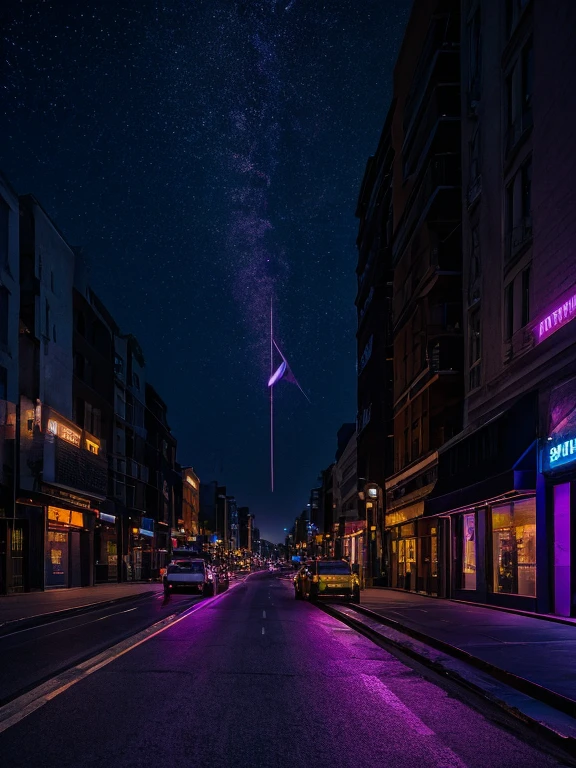 a long street seen against the night sky, in the distance a bright purple and mauve glow crosses the portion of sky visible in the image, a helicopter speeds towards the glow in the foreground of the image,