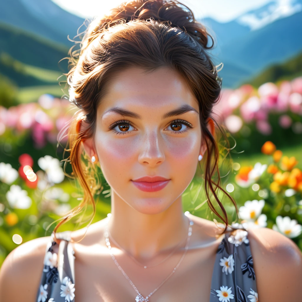 (GeGe), (GeGe face, ultra detailed face), brunette, brown hair, brown eyes, score_9, score_8_up, score_7_up, Summer in the Mountains, a beautiful voluptuous woman with a curvy body and wide hips, she is wearing a transparent gray floral summer dress, flower in her hair, french braid, depth of field, bokeh, warm tones, close up shot of her face and cleavage,