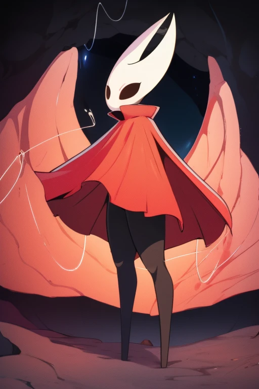 hornet, cute, chibi, no feet, furry female, anthro, thread, standing, solo, cape, red cloak, (best quality), (detailed dark cave background:1.2), looking at viewer, flat colors, 