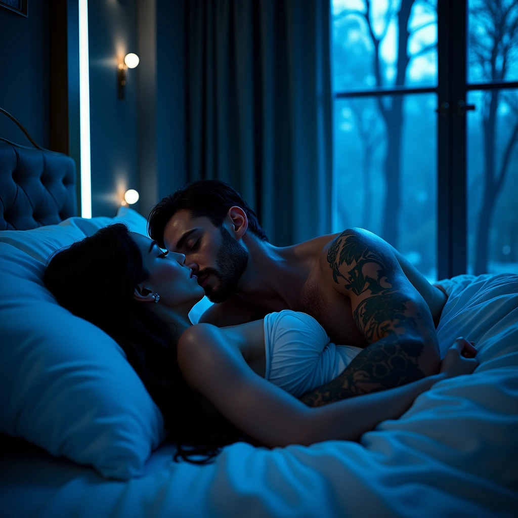 The man in his 45s with black very short hair and smooth face with moustache. The woman in her 45s with brown wavy long hair. They are naked. Night, dark, dim. In bedroom. Upright doggy sex. The woman is leaning her back against the man's chest. The man is squeezing the woman's breasts. The woman is moaning. Ultra realistic.