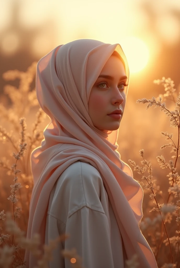 close-up of a beautiful Korean woman, ) with white skin wearing a long hijab, walking in a flower garden that blooms in the morning), mountain background, UHD