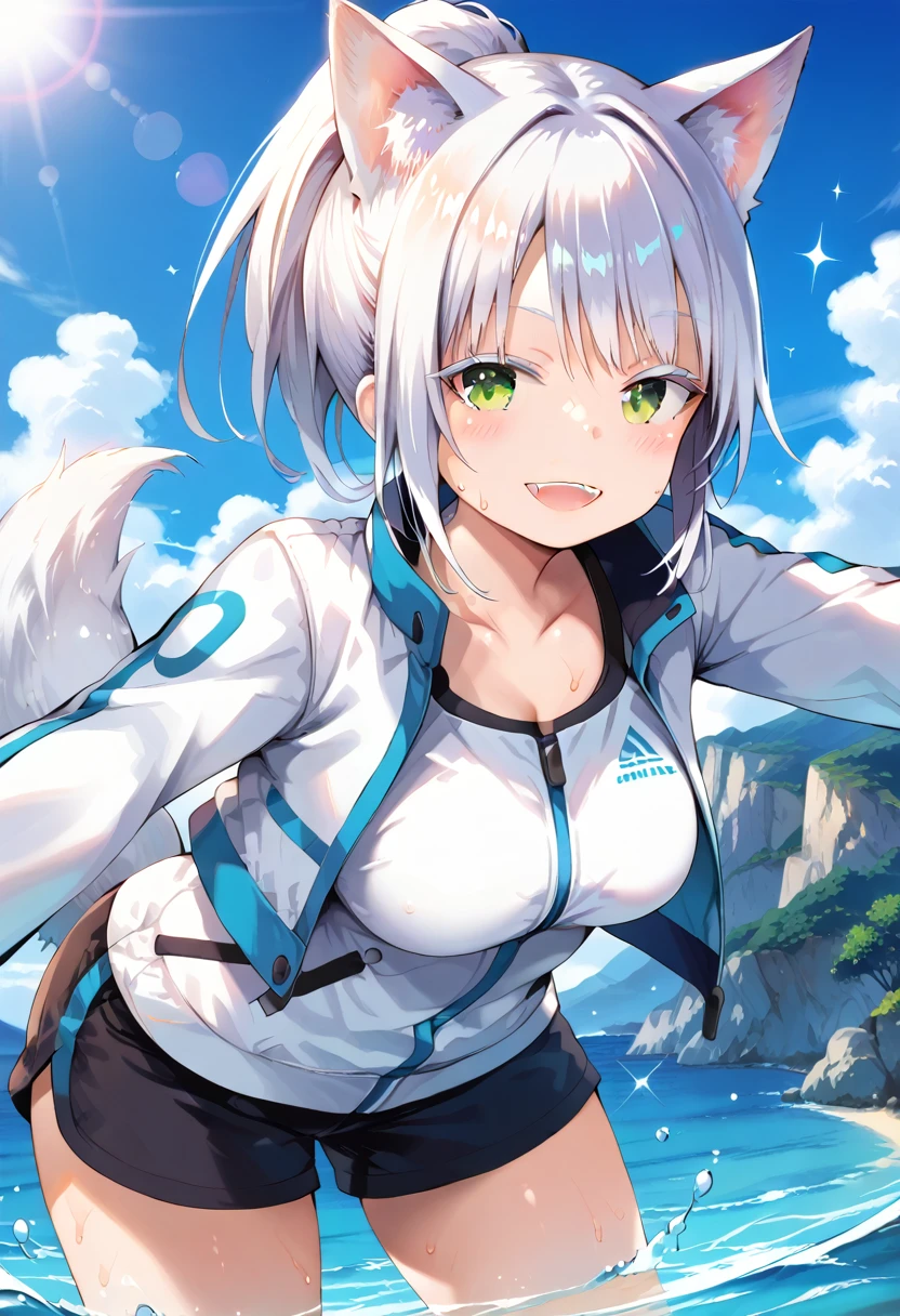 ,girl,Best image quality,,Grey Hair,,Blue Eyes,Wolf ears,White skin,Wolf Tail,Short Hair,Straight Hair,Watery eye,Red face,blue sky,Mountain trail,Wet with sweat,Sports Bra,Sportswear,tits,naked,,small,