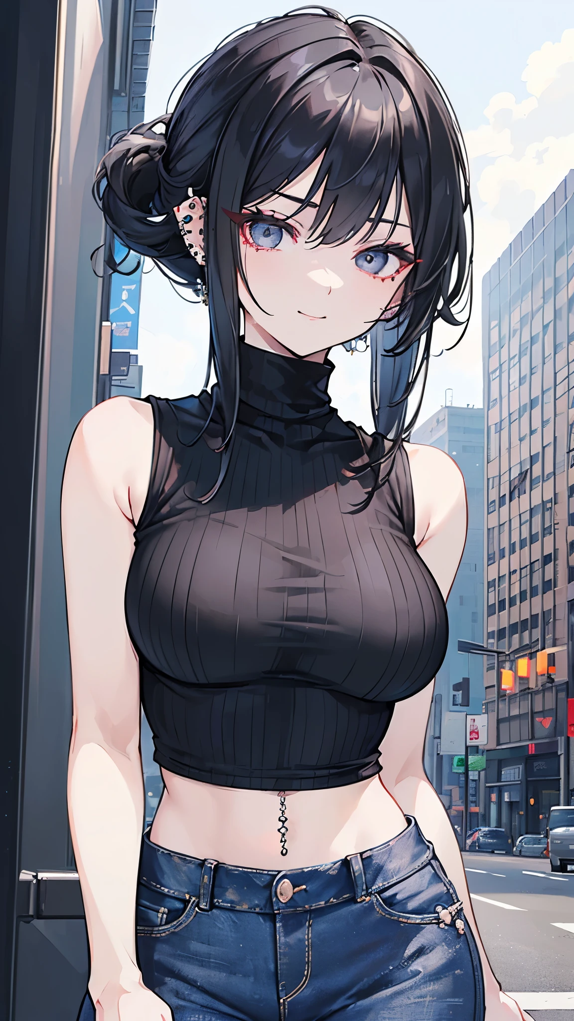 (best quality), (very aesthetic), (ultra-detailed), (best illustration),1 girl Solo,black hair,bob cut,blunt bangs,blue eyes, sparkling eyes,Clear eyes,large breasts, (colorful tank top1.2),denim,hot pants,pendant,wet,wet hair,glad,Rainy City,It's raining