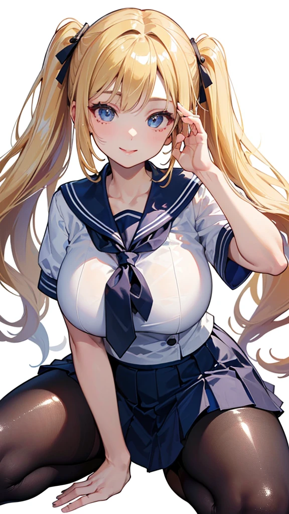 ((((Accurate Fingers、Five Fingers、Delicate hands、Detailed hands、Perfect hands))))、(((((smile、Obese:5.0、Twin tails:20.0、huge breasts:20.0、High school girl:1.3、sailor suit:1.5、uniform:1.5、mini skirt:1.5、Dress shirt:1.5、White tights:5.0、tie、Check pattern、 spread legs:1.3、super long hair)))))、(((forehead、huge breasts:20.0、white blond hair:1.3、cowboy shot:1.3、A calm face、long hair、Northern Europe、White、beautiful girl、White blonde、Blonde、White background、cute、Young、True Face、Shiny Hair、whole body)))、, highest quality, figure, super detailed, finely, High resolution, 8k wallpaper, Perfect dynamic composition, detailed and beautiful eyes, Deco out,blondes, breasts, Natural color lip,white background, random cute poses,