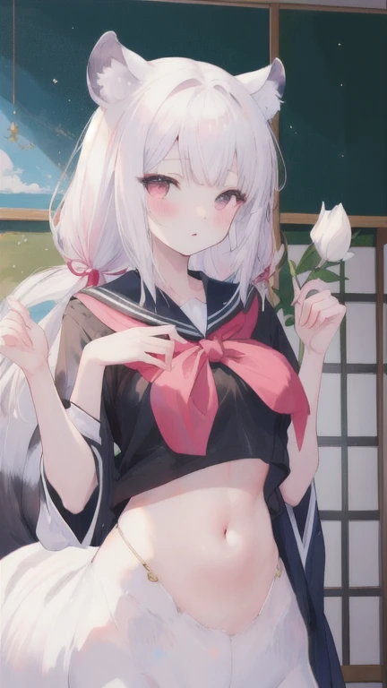 (best quality, masterpiece), 1 girl, centaur, I beg, White skin, Japanese schoolgirl,daughter,black pink, exposing the abdomen, belly button t-shirt , beautiful girl perfect, White tiger photo, 완벽한 White tiger photo