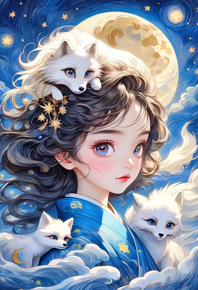 Hand-drawn style：粗糙的Texture，1 boy，1 girl，Beautiful face，Long fluffy hair，Surprise Hairstyle，Big eyes，Bright eyes，Delicate eyelashes，Hanfu，Human anatomy is correct。cloud，Star，moon，arctic fox，Beautiful details，Texture，Blue and Gold，Immerse yourself in the art of Van Gogh