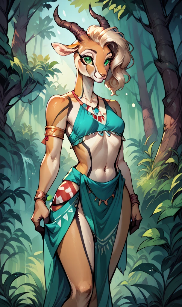 anthropomorphic gazelle woman, straight fluffy hair, slender body, gazelle, thin, small breasts, sensual, attractive, big green eyes, tribal clothes, delicate, she is standing, dense forest,