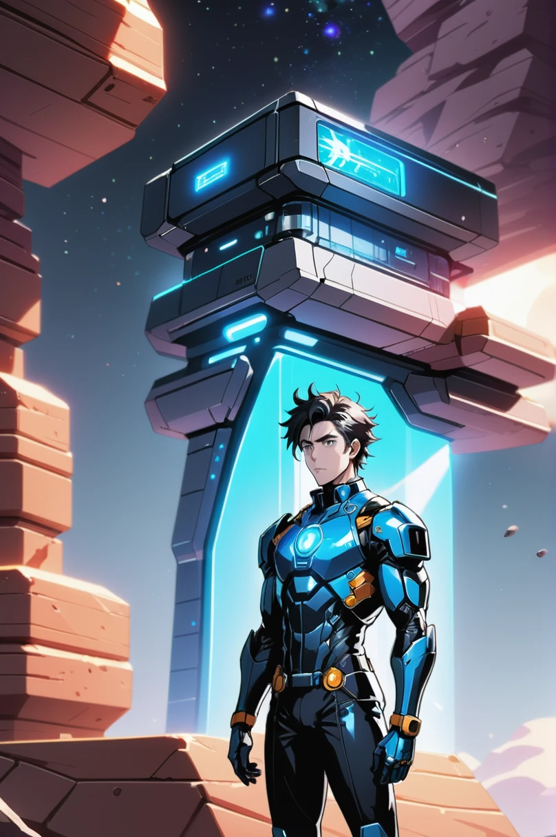 anime style, 1boy, man, ruggedly handsome, quantum singularity reactor in a far future scifi vertical topia beyond the end of the multiverse, masterpiece