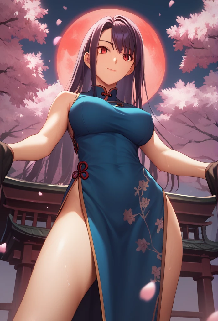 Score_9, Score_8_up, Score_7_up, One girl,Red eyes,smile,Purple long hair, Hirokazu Koyama ,Cowboy Shot,Sweaty,sexy,Pixel Perfect,Large Breasts,Anatomically correct, masterpiece, Very detailed,Outdoor,8k, (background,Cherry Blossoms at Night,big red moon,Detailed),(Fits your body,Chinese dress,Sleeveless,Long hem,There is a slit,blue),Spread your arms,Composition looking up from below,Look at, A seductive smile, 