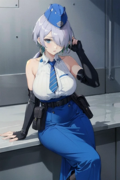 nikkebrid, large breasts, low ponytail, hair over one eye, earrings , garrison cap, sleeveless shirt, long skirt, blue necktie, belt pouch, elbow gloves, high heel boots