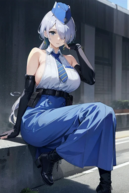 nikkebrid, large breasts, low ponytail, hair over one eye, earrings , garrison cap, sleeveless shirt, long skirt, blue necktie, belt pouch, elbow gloves, high heel boots