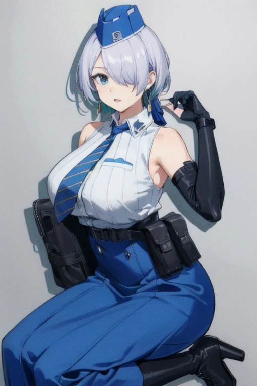 nikkebrid, large breasts, low ponytail, hair over one eye, earrings , garrison cap, sleeveless shirt, long skirt, blue necktie, belt pouch, elbow gloves, high heel boots